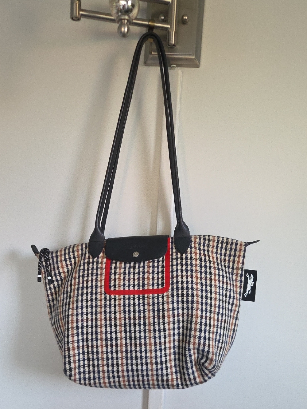 Longchamp Le Pliage Checked Tote Bag with Black Trim and Red Accent